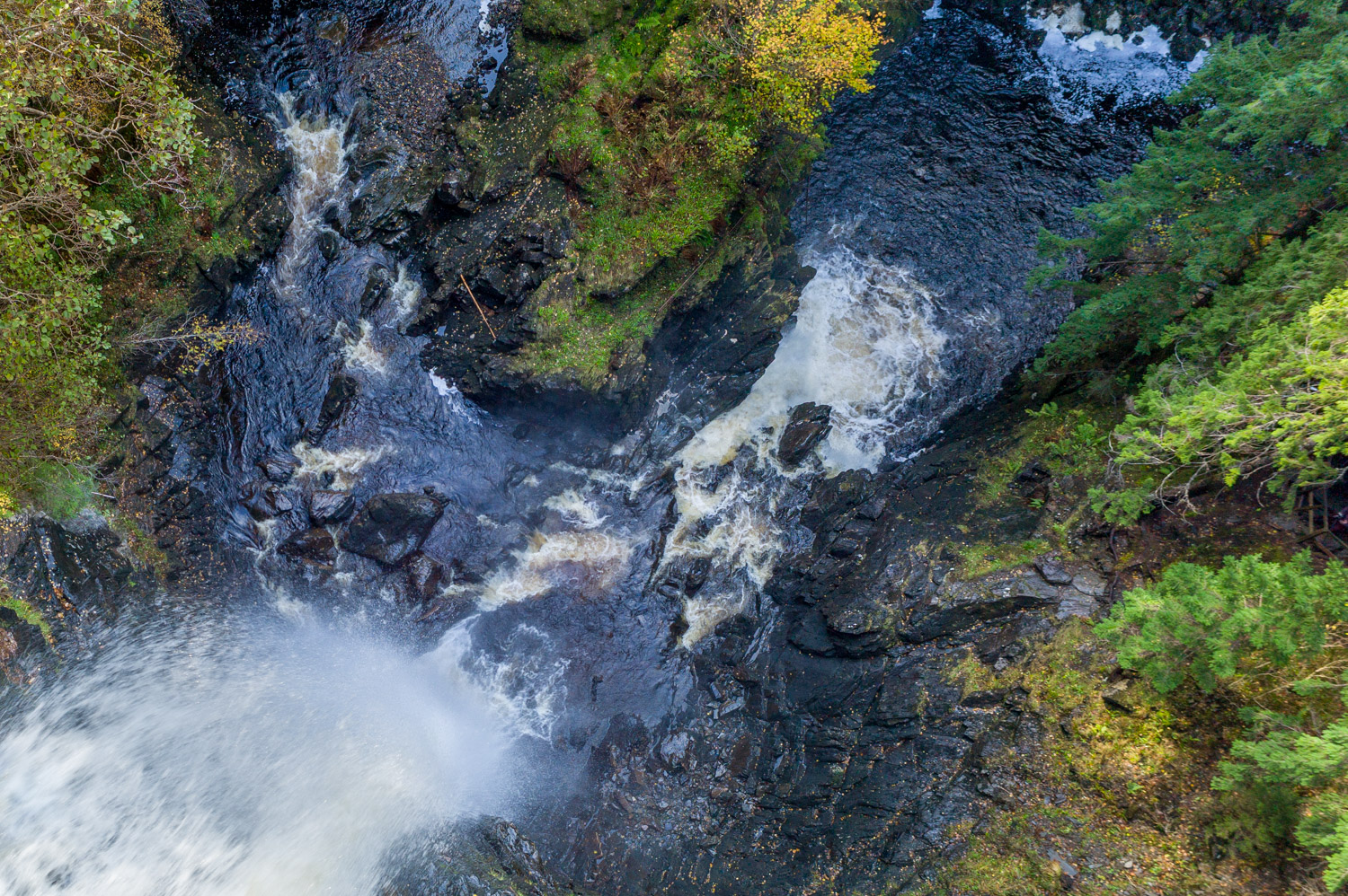 Drone like view from the platform at Plodda Falls Glen Affric 